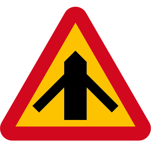 A29-2 Varning för vägkorsning där trafikanter på anslutande väg har väjningsplikt eller stopplikt gul röd triangelformat vägmärke