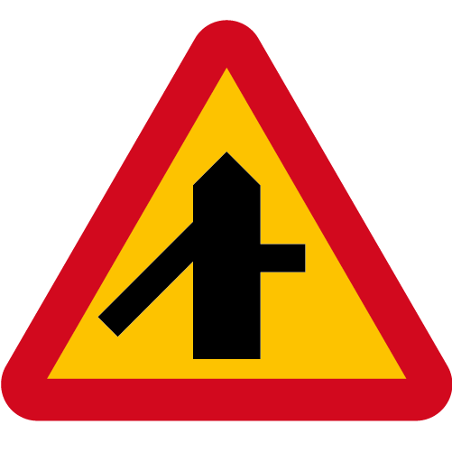 A29-6 Varning för vägkorsning där trafikanter på anslutande väg har väjningsplikt eller stopplikt gul röd triangelformat vägmärke
