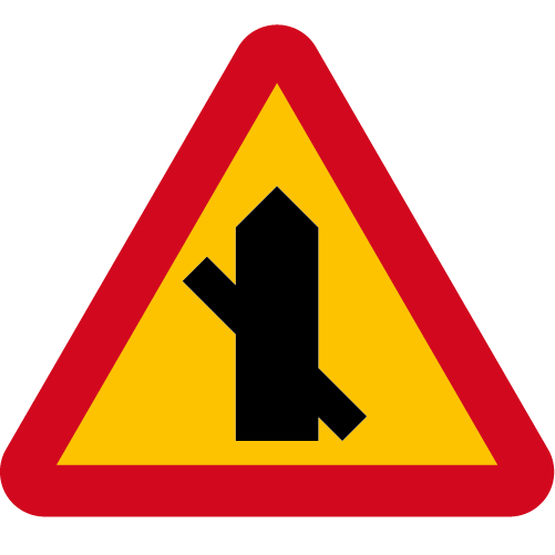 A29-9 Varning för vägkorsning där trafikanter på anslutande väg har väjningsplikt eller stopplikt gul röd triangelformat vägmärke