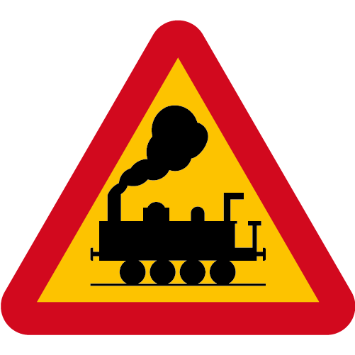 A36 Varning för järnvägskorsning utan bommar lok gul röd triangelformat vägmärke