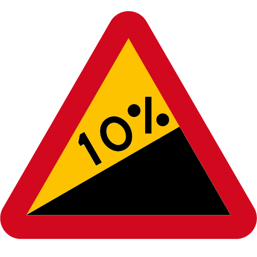 A4 Varning för stigning 10 procent åt vänster gul röd triangelformat vägmärke