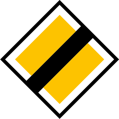B5 Huvudled upphör kvadratiskt vägmärke gul vit överstruken