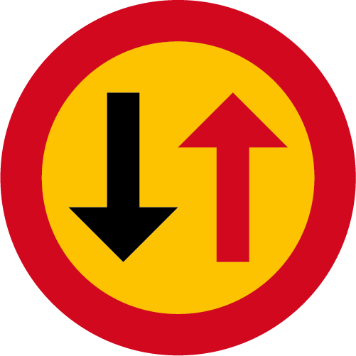 B6 Väjningsplikt mot mötande trafik runt vägmärke gul  röd  med svart pil ned röd pil upp