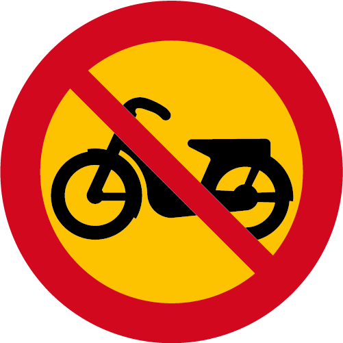 C11  Förbud mot trafik med moped klass II runt vägmärke gul röd med överstruken moped