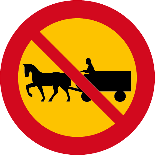 C12  Förbud mot trafik med fordon förspänt med dragdjur  runt vägmärke röd gul överstruken häst och vagn
