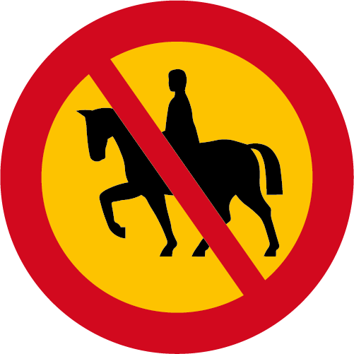 C14  Förbud mot ridning runt vägmärke gul röd med överstruken häst med ryttare