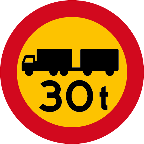 C21 Begränsad bruttovikt på fordon och fordonståg runt vägmärke röd gul med lastbil och släp samt 30 t