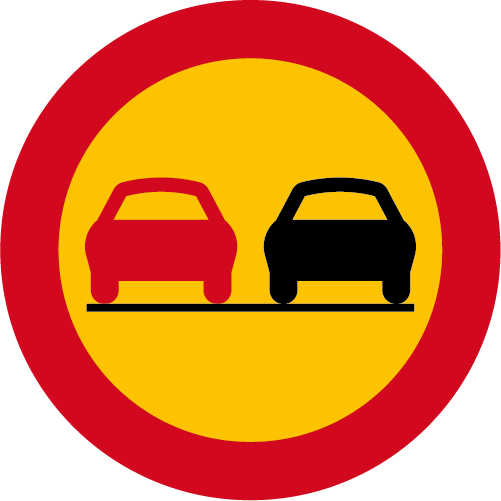C27  Förbud mot omkörning runt vägmärke röd gul med 1 röd och 1 svart bil