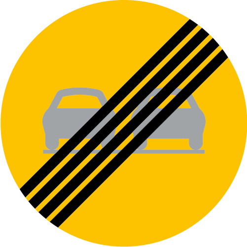 C28 Slut på förbud mot omkörning runt vägmärke gul med överstrukna bilar