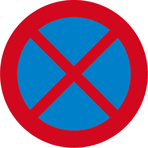 C39 Förbud mot att stanna och parkera fordon runt vägmärke blå röd överstruken med två kryss