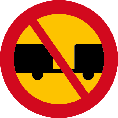 C6. Förbud mot trafik med motordrivet fordon med tillkopplad släpvagn runt vägmärke röd gul överstruken tillkopplad släpvagn