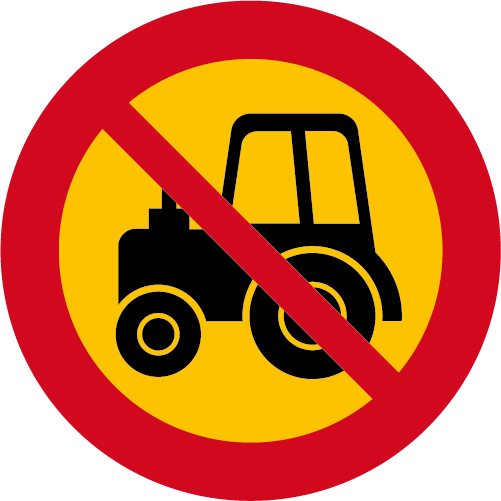 C8  Förbud mot trafik med traktor och motorredskap klass II runt vägmärke röd gul överstruken traktor