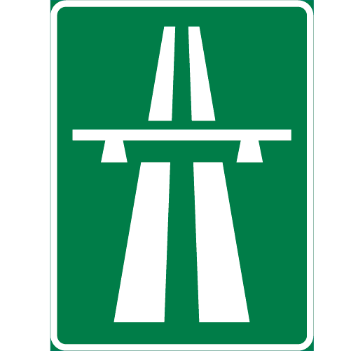 E1  Motorväg stående rektangulärt vägmärke grönt vit med körfält under bro