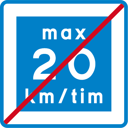 E12-2 Rekommenderad lägre hastighet upphör kvadratiskt blå vitt vägmärke 20 km i timmen överstruken