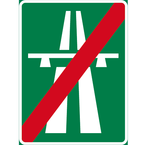 E2 Motorväg upphör rektangulärt vägmärke grönt vit överstruken  väg med bro över