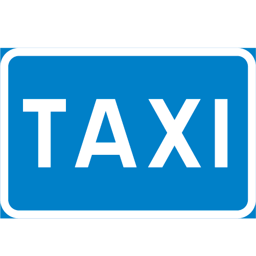 E23 Taxi rektangulärt vägmärke blå vit med texten TAXI