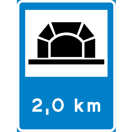 E26 Tunnel rekantgulärt vägmärke blå vit med tunnel 2  km
