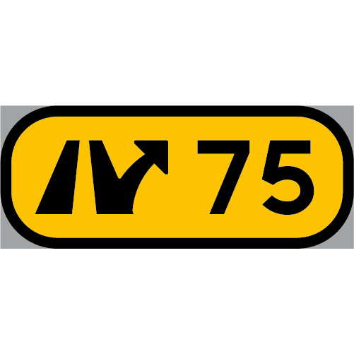 F27 Trafikplatsnummer rektangulärt vägmärke gul svart avfart till höger 75