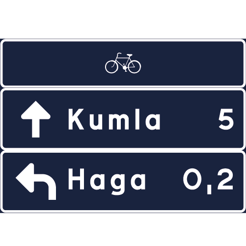F35 Tabellvägvisare mörkblå vita skyltar ihopsatta med cykelsymbol pilar samt destinationer och avstånd