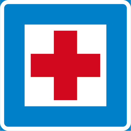 G4 Akutsjukhus kvadratisk blå vit med röd sjukhus symbol +