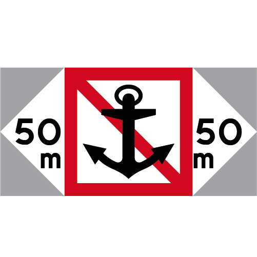 S514 Utsträckning kvadratiskt sjövägmärke röd vit grå svart