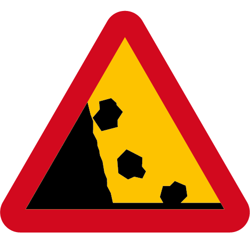 A12 Varning för stenras vänster sida röd gul triangelform vägmärke