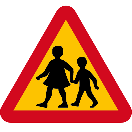 A14 Varning för gående gul röd triangelformat  vägmärke