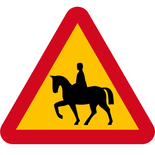 A18 Varning för ridande gul röd triangelformat vägmärke