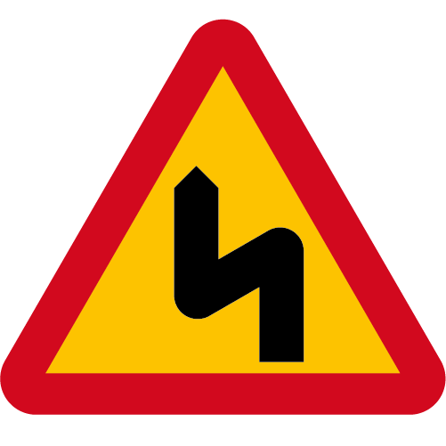 A2. Varning för flera farliga kurvor höger gul röd triangelformat vägmärke