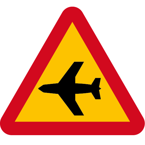 A23. Varning för lågt flygande flygplan  vänster gul röd triangelformat vägmärke