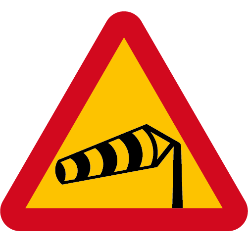 A24. Varning för sidvind från höger röd gul triangelformat vägmärke