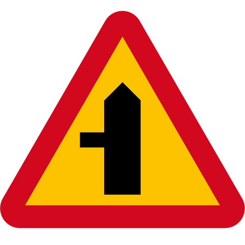 A29-10 Varning för vägkorsning där trafikanter på anslutande väg har väjningsplikt eller stopplikt gul röd triangelformat vägmärke