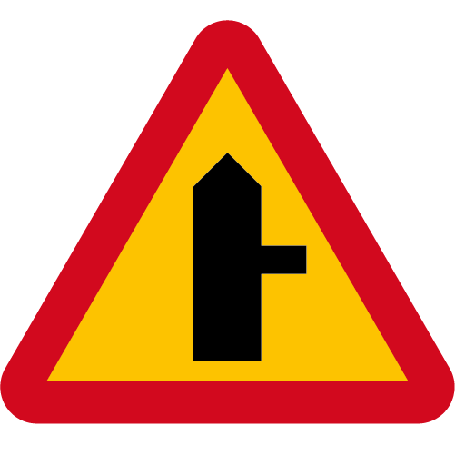 A29-13 Varning för vägkorsning där trafikanter på anslutande väg har väjningsplikt eller stopplikt gul röd triangelformat vägmärke