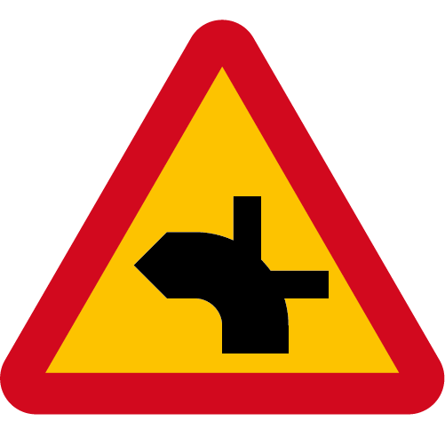 A29-16 Varning för vägkorsning där trafikanter på anslutande väg har väjningsplikt eller stopplikt gul röd triangelformat vägmärke