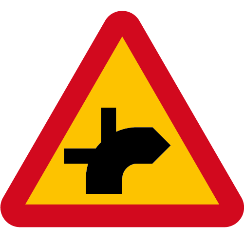 A29-19 Varning för vägkorsning där trafikanter på anslutande väg har väjningsplikt eller stopplikt gul röd triangelformat vägmärke