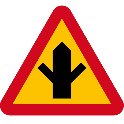 A29-3 Varning för vägkorsning där trafikanter på anslutande väg har väjningsplikt eller stopplikt gul röd triangelformat vägmärke