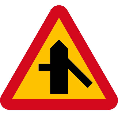 A29-4 Varning för vägkorsning där trafikanter på anslutande väg har väjningsplikt eller stopplikt gul röd triangelformat vägmärke