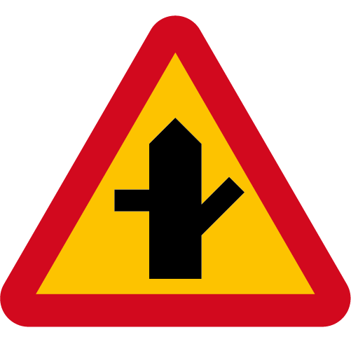 A29-5 Varning för vägkorsning där trafikanter på anslutande väg har väjningsplikt eller stopplikt gul röd triangelformat vägmärke
