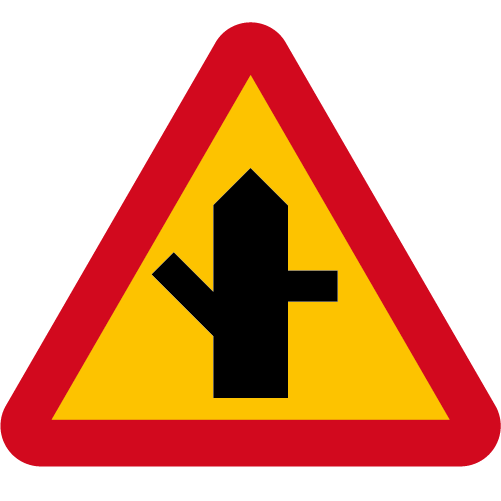 A29-7 Varning för vägkorsning där trafikanter på anslutande väg har väjningsplikt eller stopplikt gul röd triangelformat vägmärke