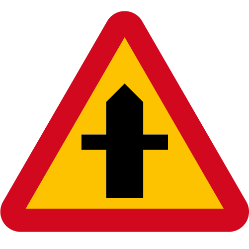 A29. Varning för vägkorsning där trafikanter på anslutande väg har väjningsplikt eller stopplikt gul röd triangelformat vägmärke