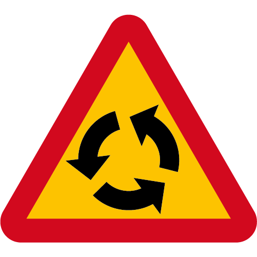 A30 Varning för cirkulationsplats gul röd triangelformat vägmärke