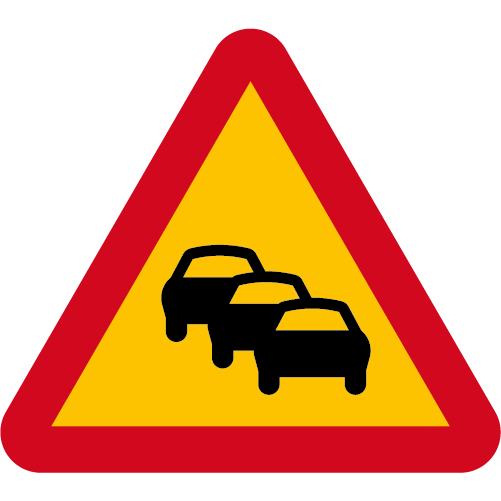 A34  Varning för kö röd gult triangelformat  vägmärke