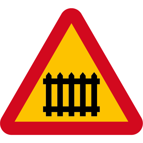 A35 Varning för järnvägskorsning med bommar gul röd triangelformat vägmärke