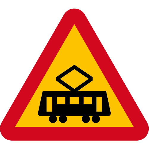 A37 Varning för korsning med spårväg utan bommar spårvagn gul röd triangelformat vägmärke