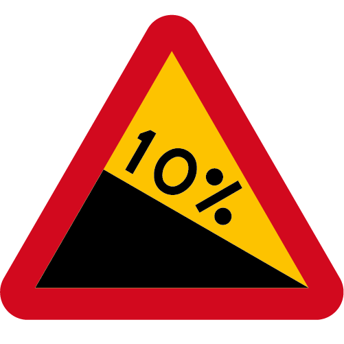 A3 Varning för nedförslutning 10 procent åt höger gul röd triangelformat vägmärke
