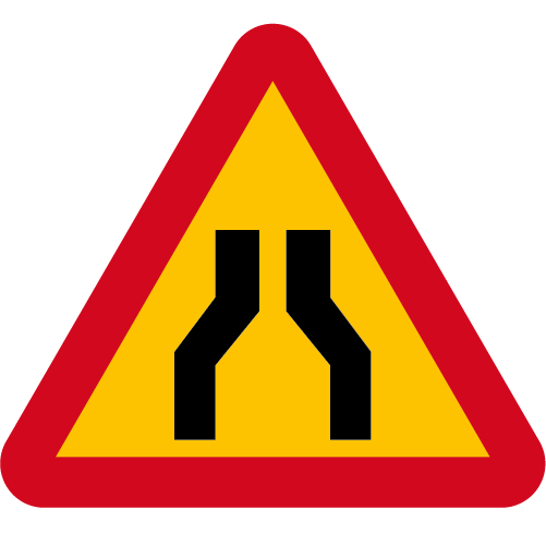 A5 Varning för avsmalnande väg gul röd triangelformat vägmärke