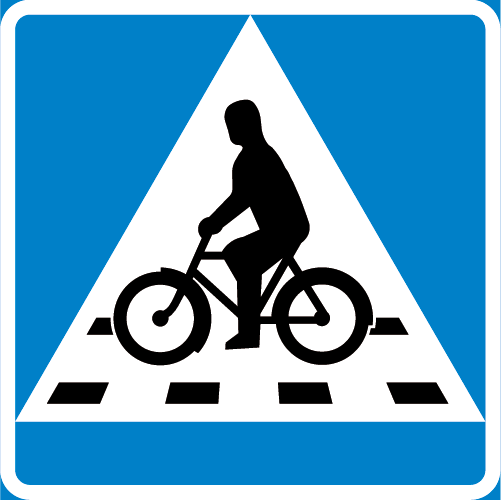 B8  Cykelöverfart kvadratiskt vägmärke blå vit med cyklande person i triangel