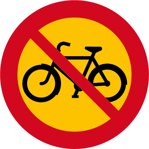 C10. Förbud mot trafik med cykel och moped klass II runt vägmärke röd gul med överstruken cykel