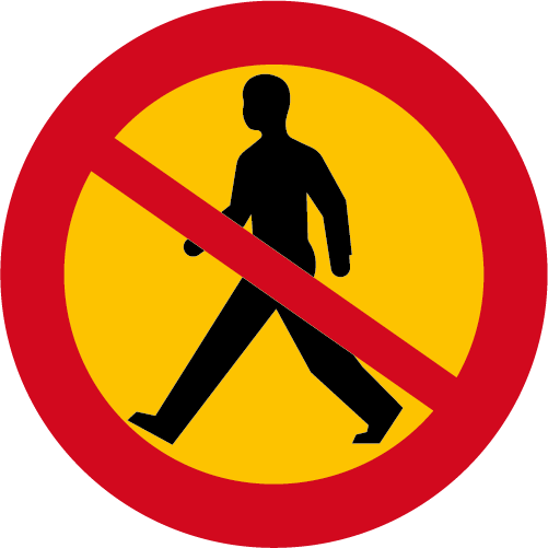 C15  Förbud mot gångtrafik runt vägmärke röd gul med överstruken gående man