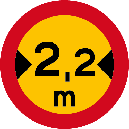 C16  Begränsad fordonsbredd runt vägmärke röd gul  med 2,2 m
